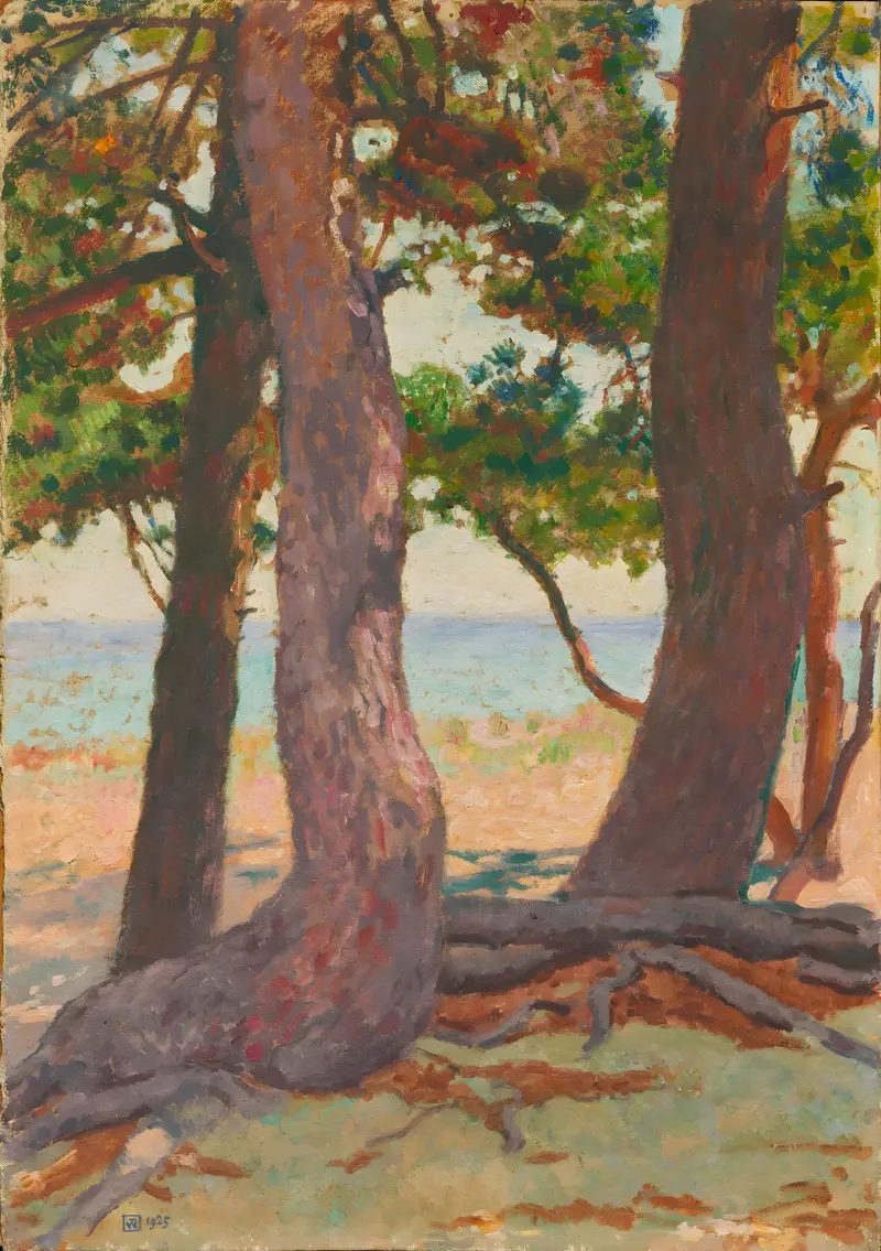 Trois Troncs de pins by Theo van Rysselberghe, oil painting depicting pine trunks in a vibrant landscape.