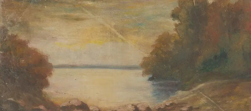Landscape with a Lake by Ladislav Mednyánszky, oil painting depicting a tranquil lake at dusk.