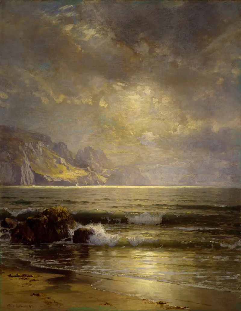 Seascape by William Trost Richards, oil painting depicting waves and a sunrise.