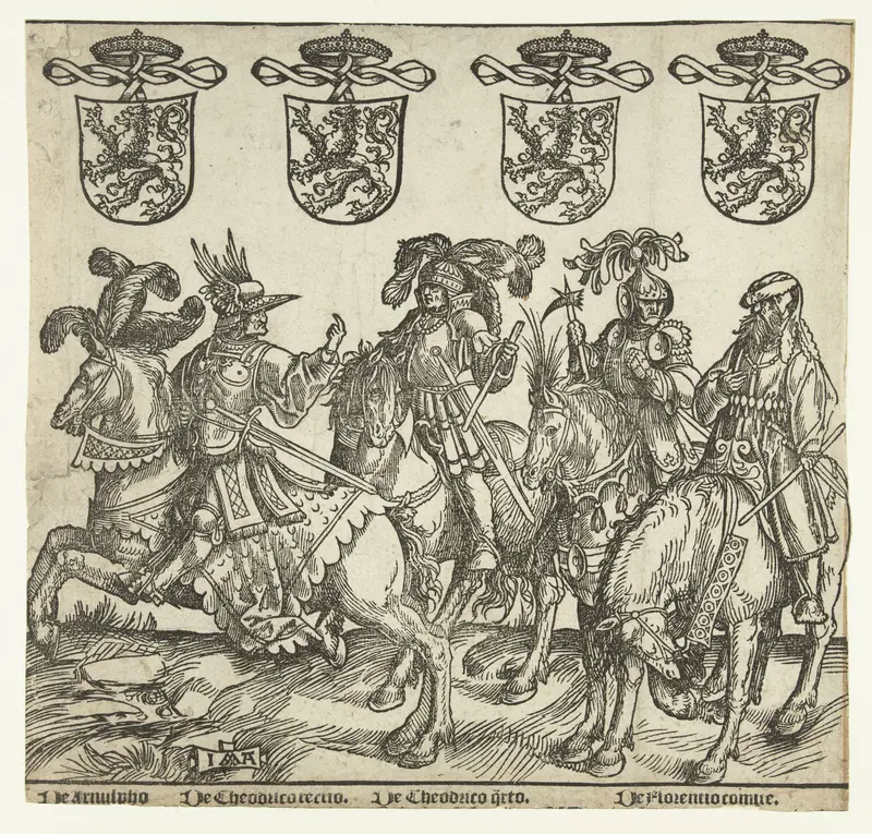 Portrait of Arnulf, Dirk III, Dirk IV en Floris I by Jacob Cornelisz van Oostsanen, paper medium