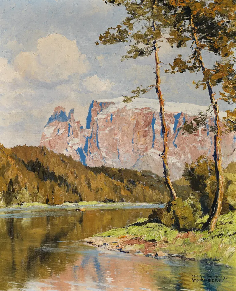 Landscape depicting hills and water, oil painting by Hans Maurus
