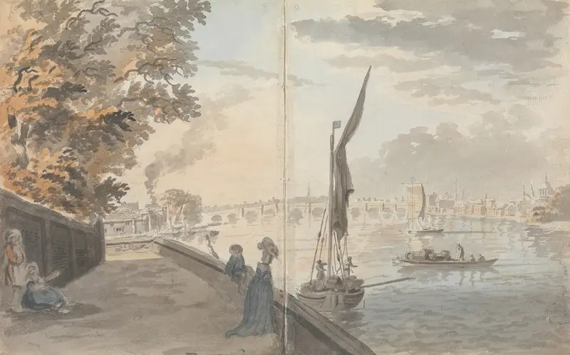 Watercolour by James Miller depicting figures sketching in a lane near a river