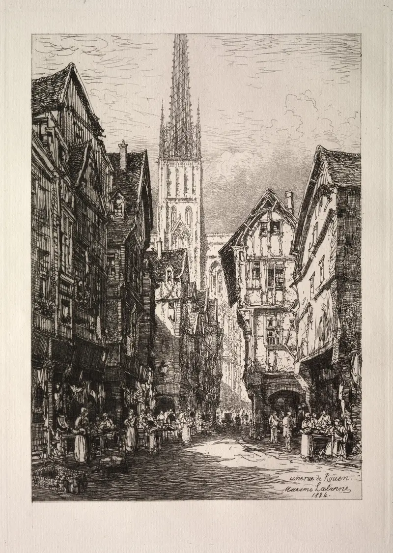 Engraving by Maxime Lalanne depicting a quiet street in Rouen with cobblestones and buildings.