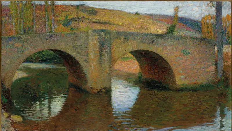 Le Pont de Labastide du Vert, oil on canvas by Henri Martin, depicting a bridge over a river in spring.
