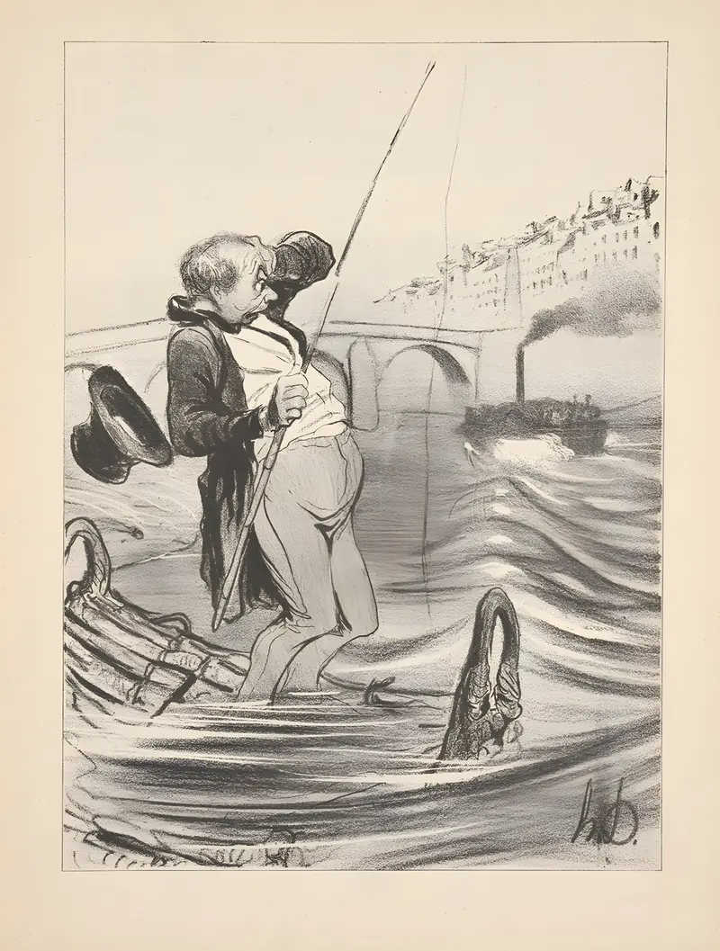 A depiction of hunting and fishing activities by Honoré Daumier.