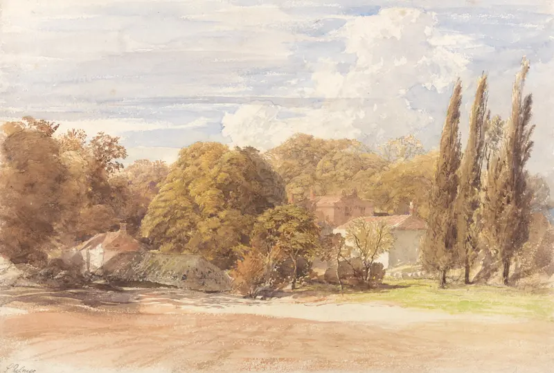 Kensington Gardens by Samuel Palmer, oil on canvas depicting a figure in a garden at twilight