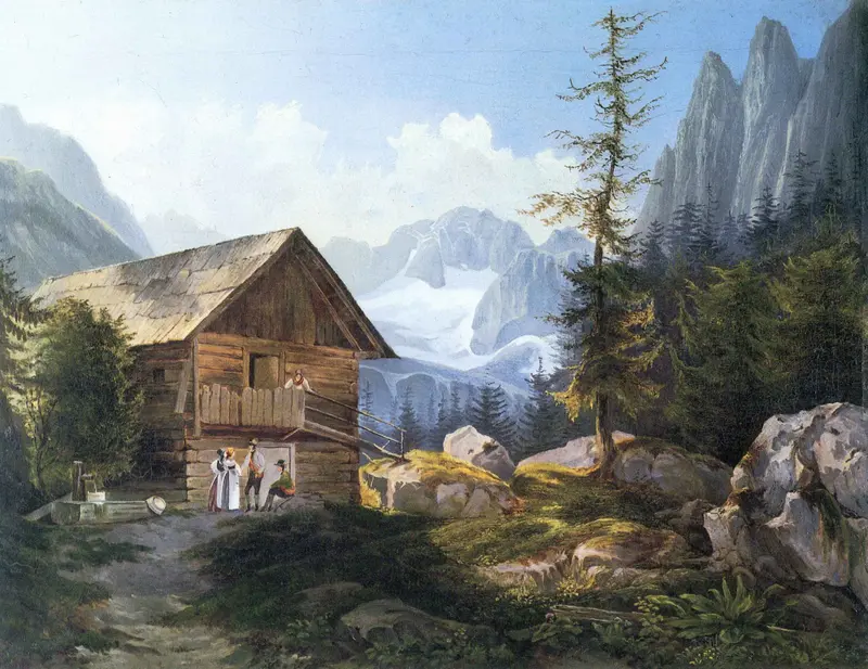 A wooden house with figures gathered outside, framed by mountains and a solitary tree in a remote valley.