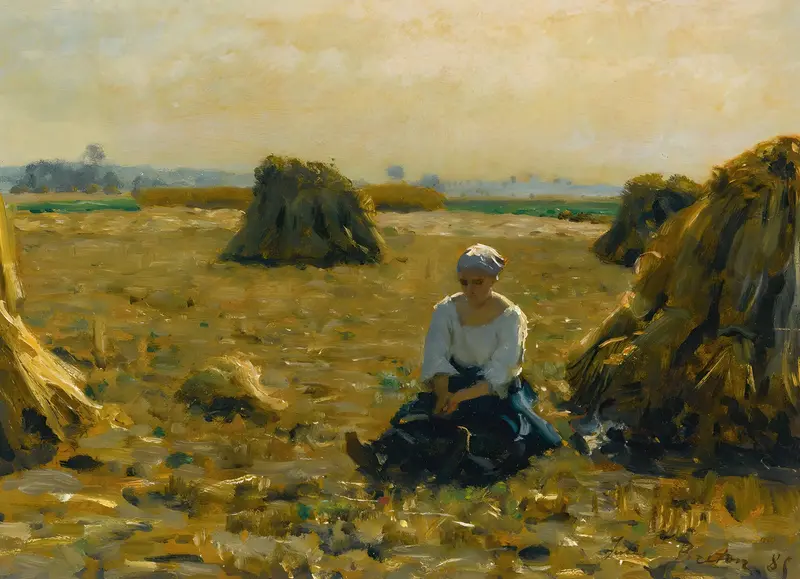 A young woman in a field, painted by Jules Breton.
