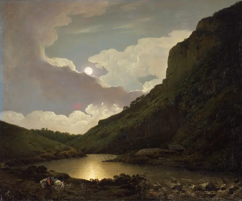 Matlock Tor By Moonlight, oil painting by Joseph Wright of Derby, depicting a tor under moonlight.