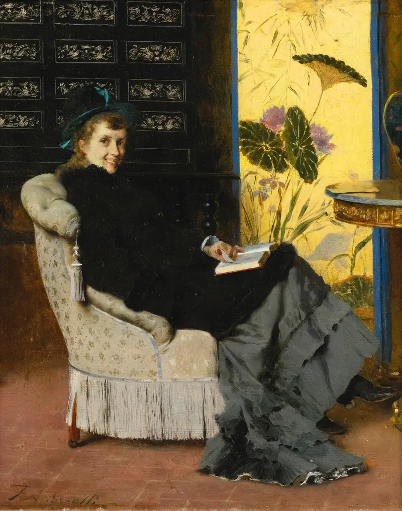 A portrait of a fashionable lady by Federico Andreotti.