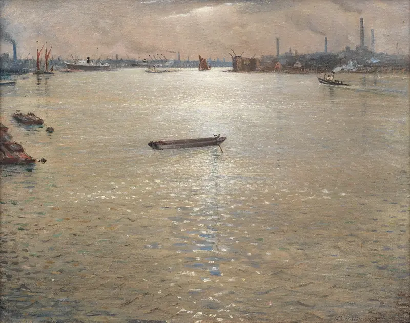 A Thames Landscape by Christopher R. W. Nevinson, modernism, depicting a tranquil river scene