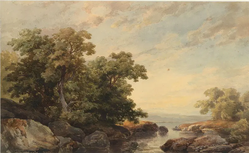 Lakeshore at twilight by Ludwig Hans Fischer, medium unknown