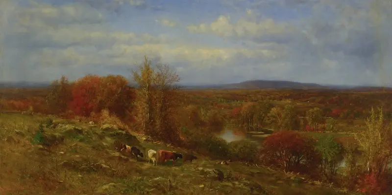 Autumn landscape oil painting by James McDougal Hart featuring vibrant leaves.