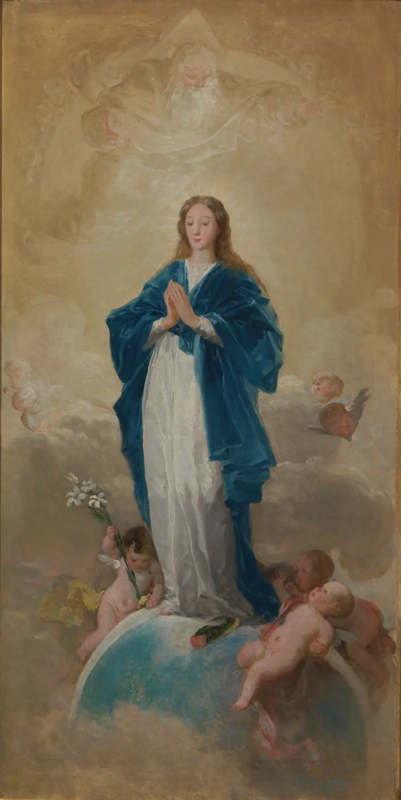 The Immaculate Conception by Francisco de Goya depicts the Virgin Mary at the moment of her miraculous conception.