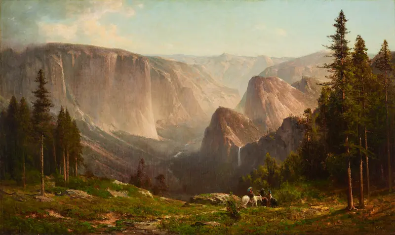 Yosemite landscape by Thomas Hill, oil painting depicting granite cliffs and sunlight.