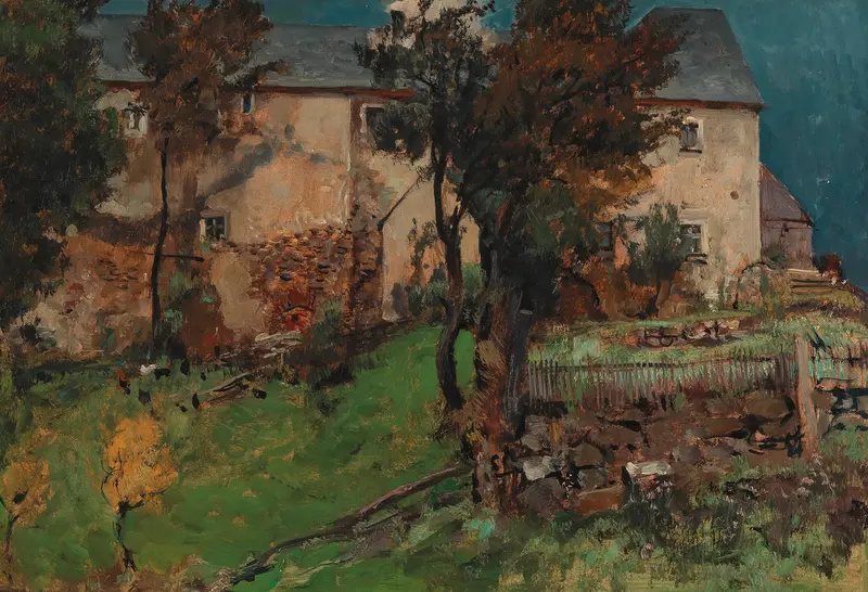 Landscape by Eugen Bracht, featuring a luminous sky and horizon, oil painting