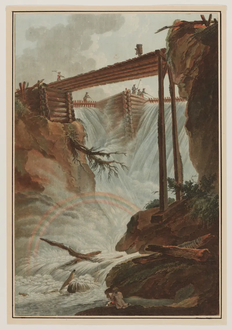 Cascading waterfall in Chute de la Tritt dans la Vallée de Muhle-thal by Caspar Wolf, oil painting