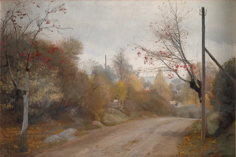 Oil painting by Laurits Andersen Ring depicting a winding road through autumn trees
