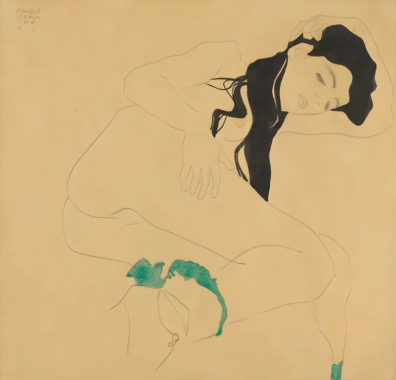 Egon Schiele's 'Liegender Mädchenakt' showcases a reclining female figure in a striking expressionist style.