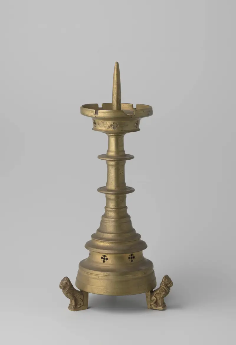 Gothic candlestick with three lion figures, metalwork, Unknown Artist