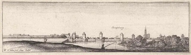 Rivierlandschap met gezicht op Straatsburg, etching by Wenceslaus Hollar depicting a serene river landscape.