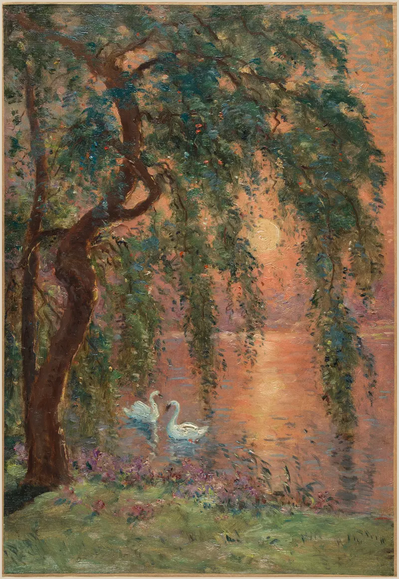 Watercolour by Marie-Joseph-Leon Clavel depicting a lake with willows and reflections