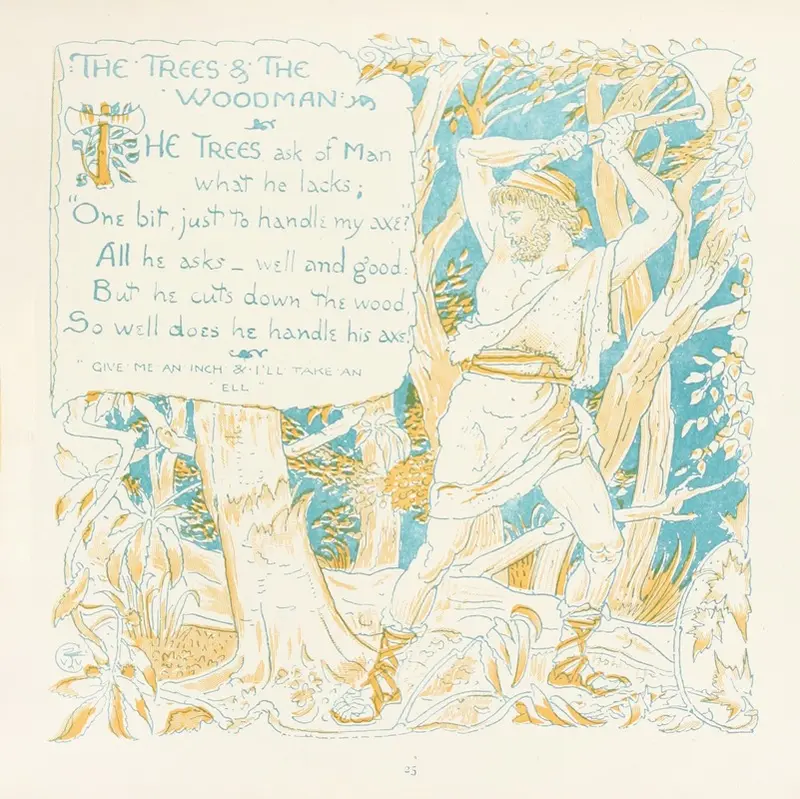 A painting depicting a woodman amidst trees, showcasing a serene natural setting.