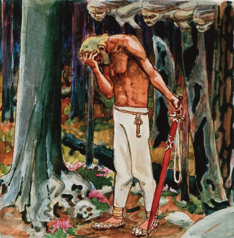 A bare-chested youth stands in a dark forest, head bowed, gripping a red sword, surrounded by skulls and pink blossoms.