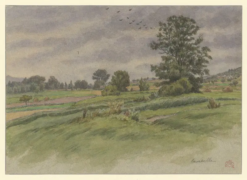 Courcelle lithograph by Henri Rivière depicting a river landscape with swirling blue and green strokes.