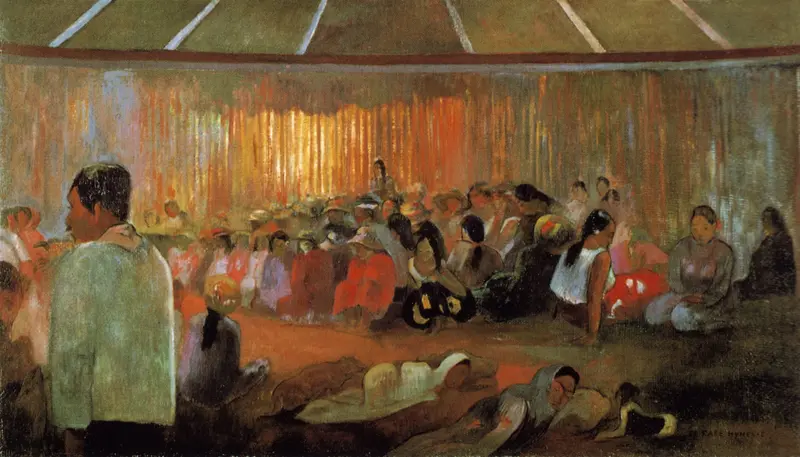 A group of women gather in a thatched hut, sharing music in a serene moment.