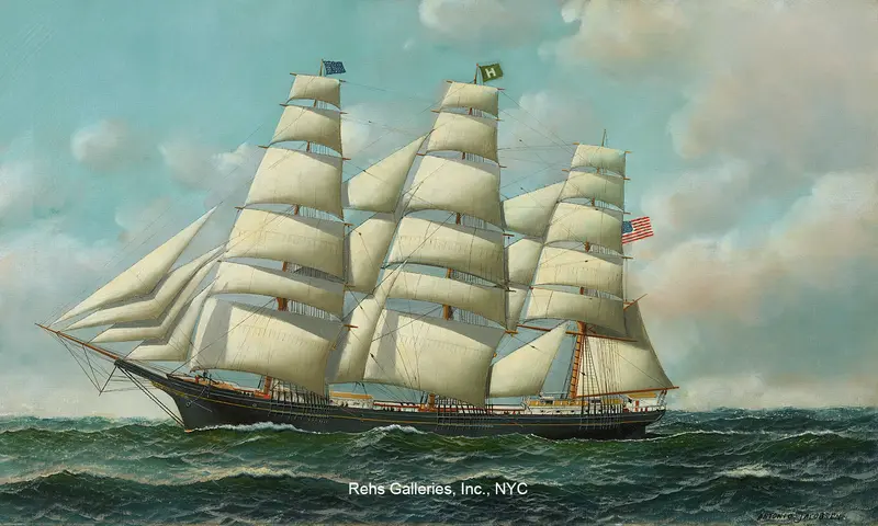 A ship with sails billowing, cutting through green-black waves under a pale blue sky with clouds.