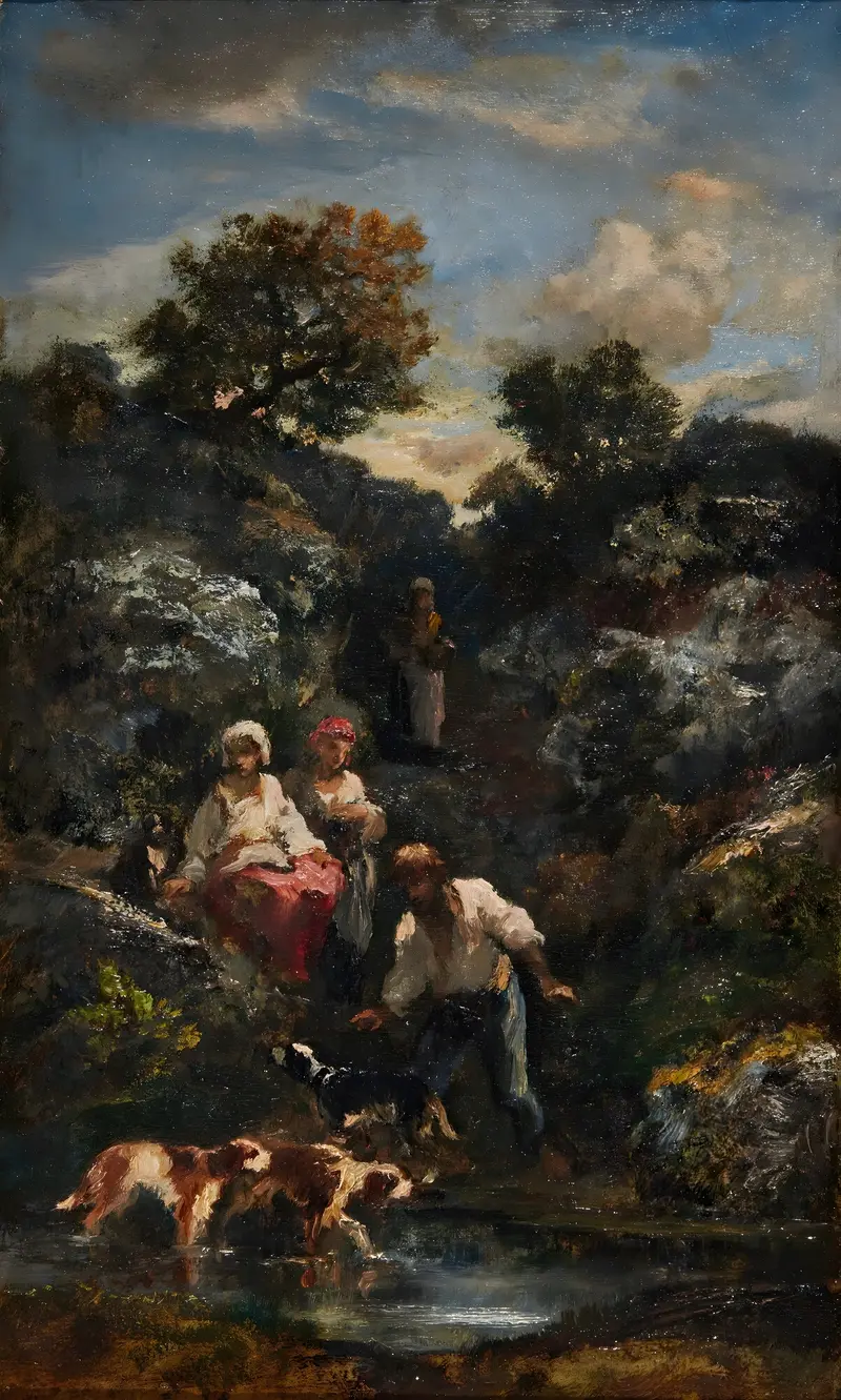Oil painting by Narcisse-Virgile Diaz de La Peña featuring bohemians by water and rocks.