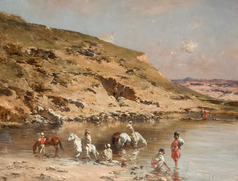 Horses bathing in water, oil on canvas by Victor Huguet