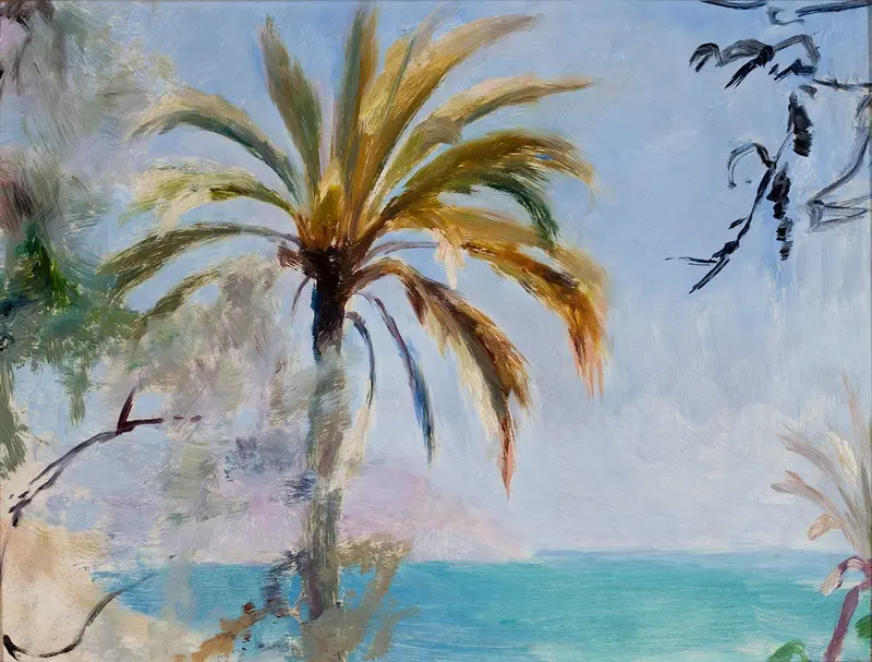 A vibrant landscape painting depicting a lush garden in Bordighera.