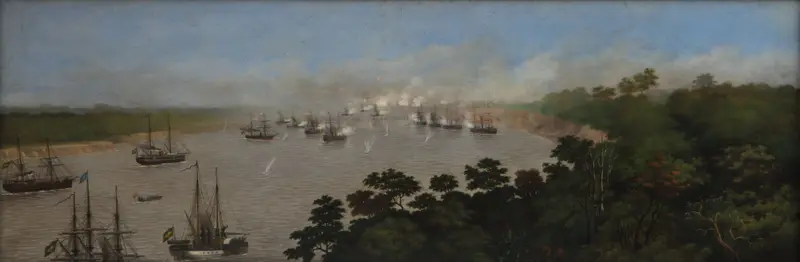 Historical battle scene on the river by Cándido Lopez, oil painting