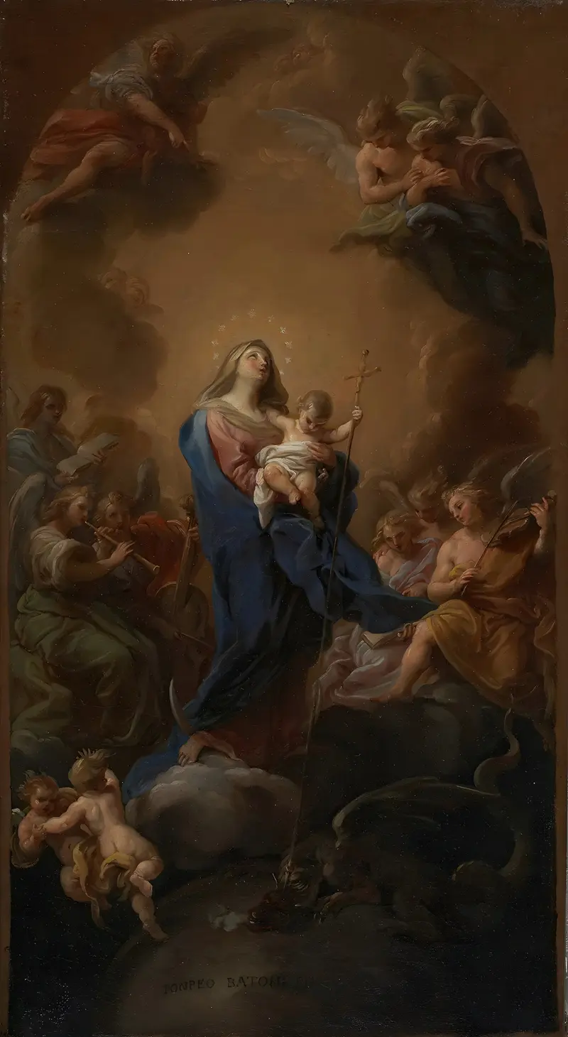 A depiction of the Madonna and Child surrounded by celestial elements.