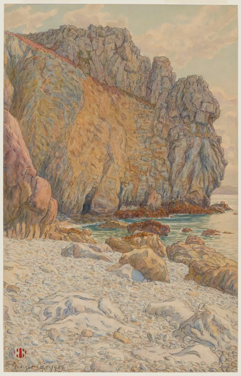 Post-Impressionism landscape by Henri Rivière depicting cliffs and ocean waves, 1905