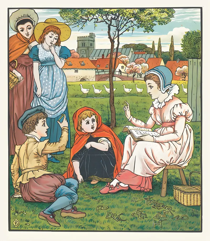 Walter Crane's 'Goody Two Shoes Pl 2' is a vibrant illustration depicting a whimsical scene.