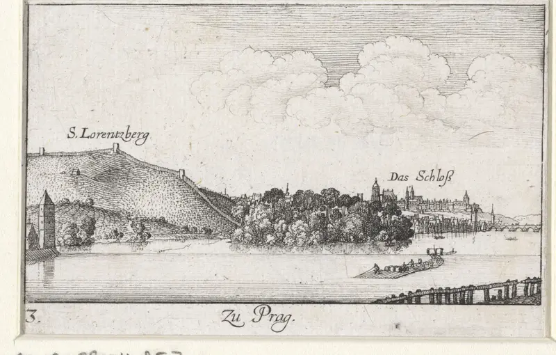 Gezicht op Praag vanaf de Moldau etching by Wenceslaus Hollar depicting a river and city reflections