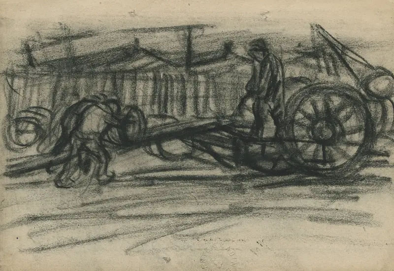 Genre scene of muscular figures loading barrels onto a wagon, oil painting by Eugeen Van Mieghem