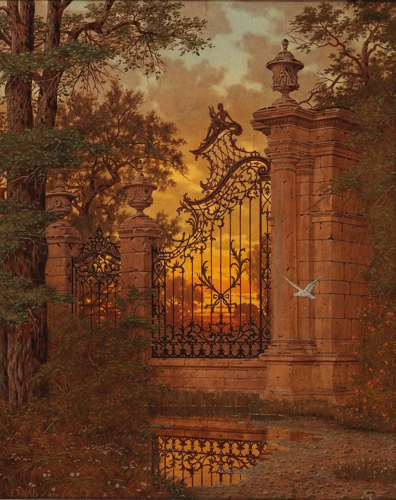 Landscape with a castle gate and trees, oil painting by Ferdinand Knab