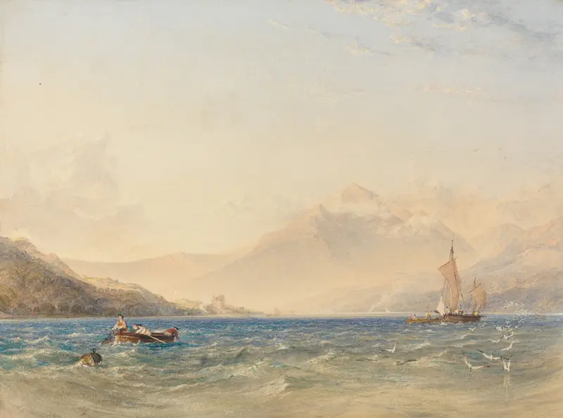 Landscape of The Head of Loch Fyne with Dindarra Castle by Copley Fielding, oil painting
