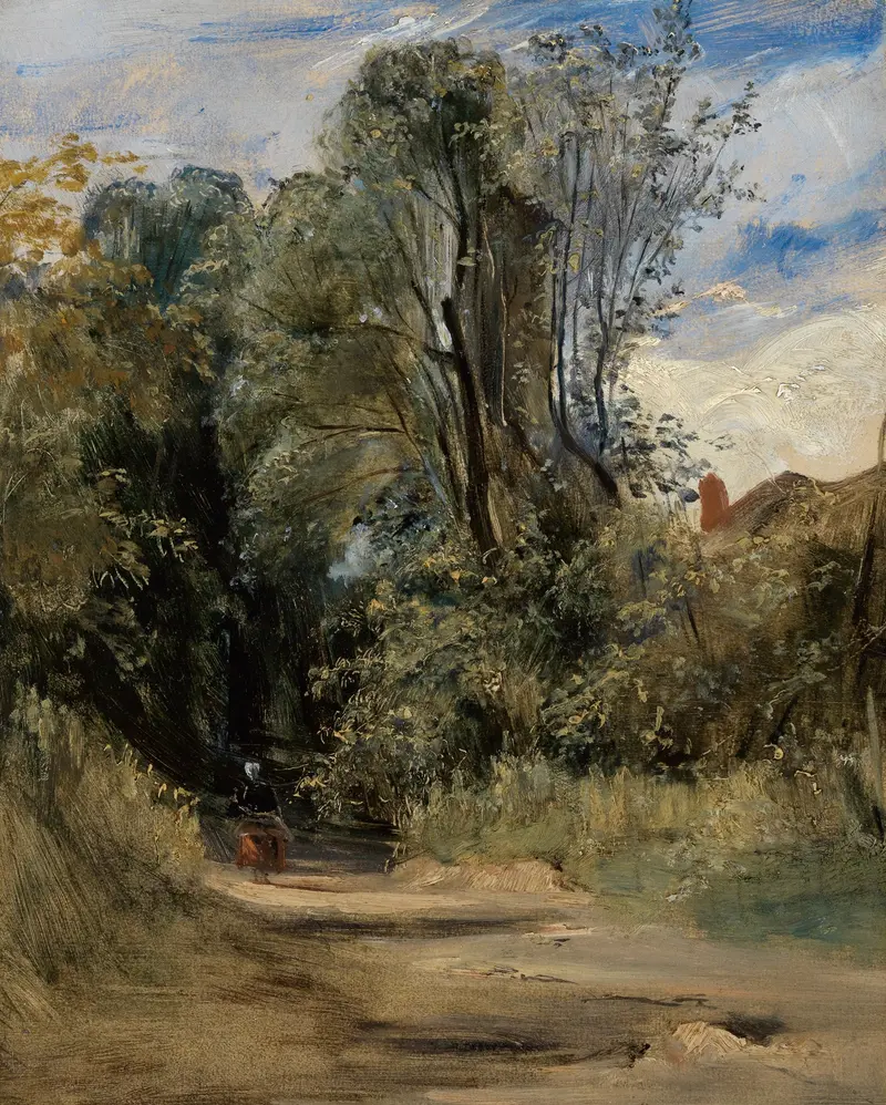 A forest path with dappled sunlight, oil painting by Richard Parkes Bonington