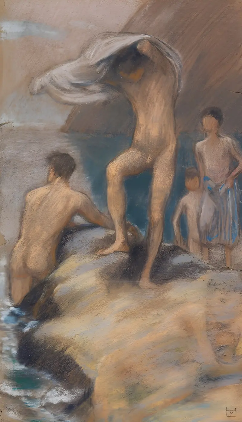 Ludwig von Hofmann's 'Badende Knaben' captures the playful essence of youth in a vibrant natural setting.
