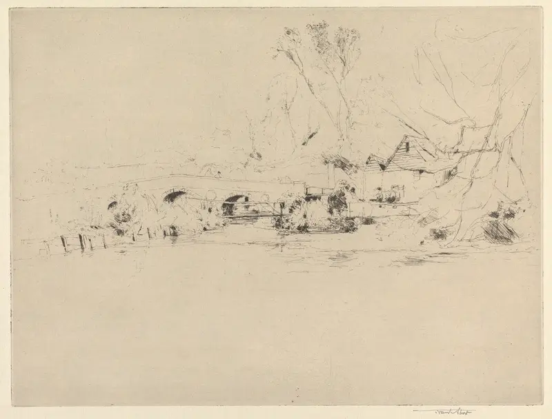 Old Mill on the Wandle, at Mitcham engraving by Sir Frank Short depicting a tranquil river landscape