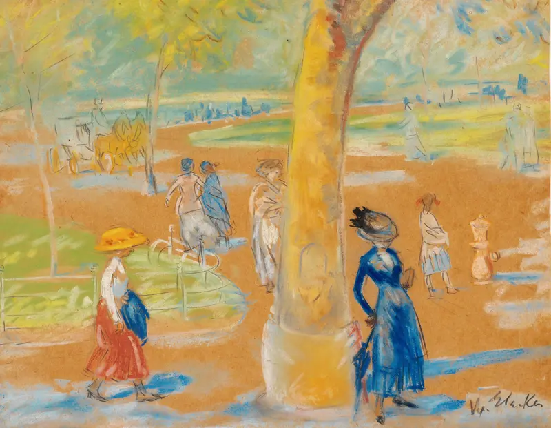Woman with umbrella in Washington Square, oil painting by William James Glackens