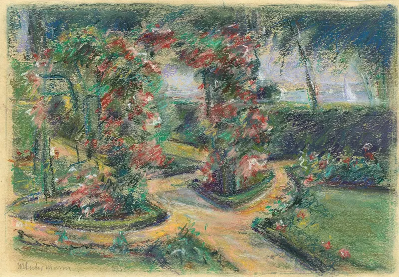 Botanical scene with roses and sunlight by Max Liebermann, oil painting