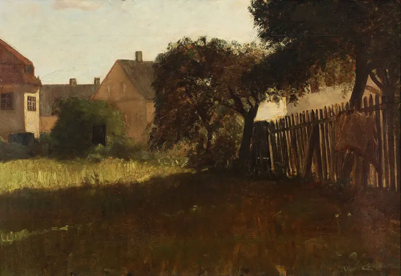A sunlit garden in Vesterbro, Copenhagen, with dappled shadows and overgrown bushes.