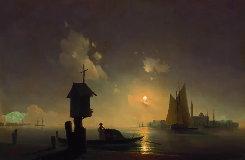 A serene seascape featuring a moonlit water view with a chapel on stilts and a solitary figure beside a boat.