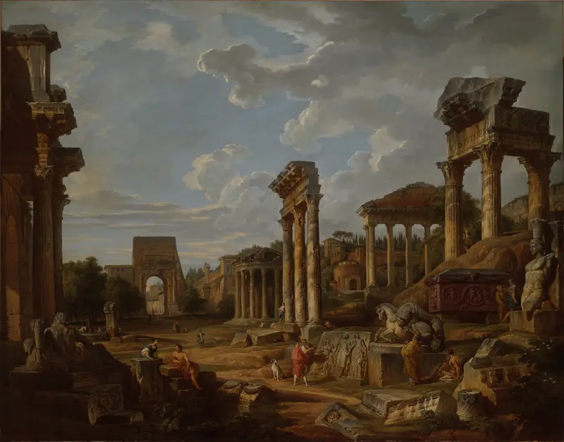 A Capriccio of the Roman Forum by Giovanni Paolo Panini, oil on canvas depicting ancient ruins.
